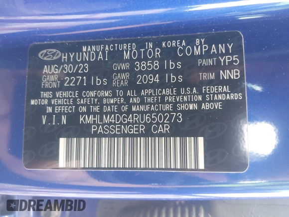 2024 Hyundai Elantra SEL with VIN KMHLM4DG4RU650273, listed as a IAAI auction lot 42192319 with 24,721 mi miles and . Bid and sale history available at DreamBid. Image 9.
