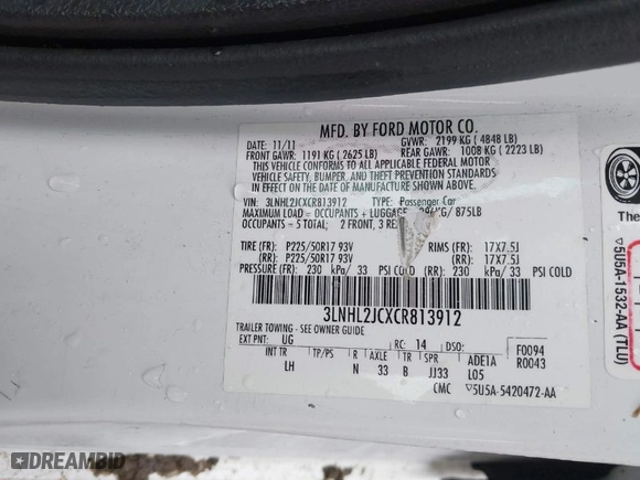 2012 Lincoln MKZ with VIN 3LNHL2JCXCR813912, listed as a IAAI auction lot 41560299 with 153,806 mi miles. Bid and sale history available at carsss.com. Image 9.