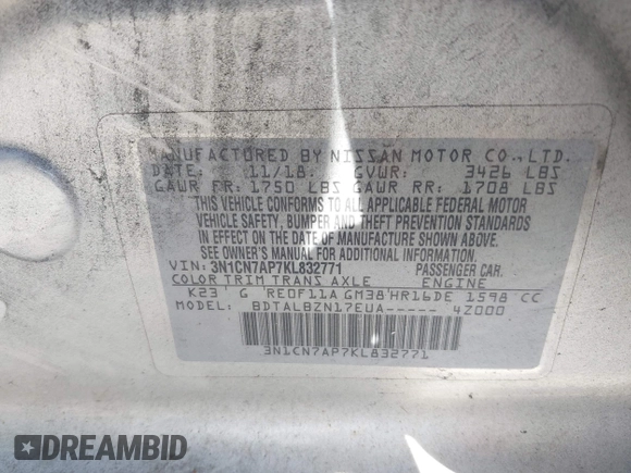 2019 Nissan Versa SV z VIN 3N1CN7AP7KL832771, wystawiony jako IAAI lot #42124711 z przebiegiem 160 856 mil mil oraz . Historia ofert i sprzedaży dostępna na DreamBid. Obrazek 9.