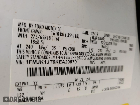 2019 Ford Expedition Max XLT with VIN 1FMJK1JT0KEA29870, listed as a Copart auction lot 57326365 with 92,604 mi miles and Salvage title. Bid and sale history available at DreamBid. Image 13.