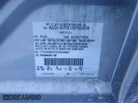 2005 Mazda 6 Sport S with VIN 1YVHP80D355M54800, listed as a Copart auction lot 42609585 with Not Provided miles and Salvage Title. Bid and sale history available at DreamBid. Image 14.