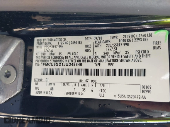 2018 Ford Escape SE z VIN 1FMCU9GD1JUD48846, wystawiony jako IAAI lot #42112952 z przebiegiem 117 580 mil mil oraz . Historia ofert i sprzedaży dostępna na DreamBid. Obrazek 9.