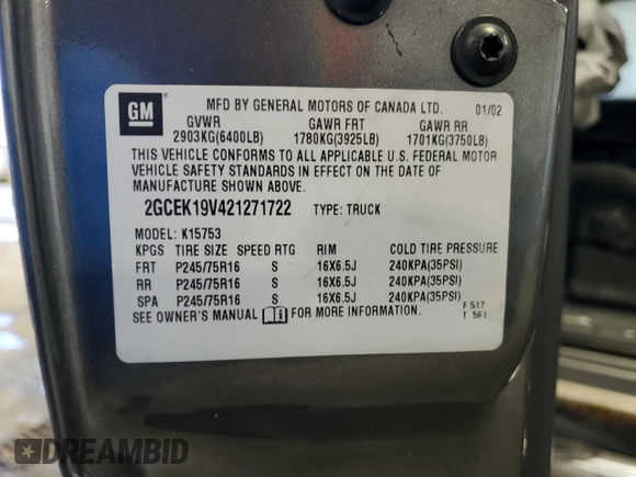 2002 Chevrolet Silverado 1500 LS with VIN 2GCEK19V421271722, listed as a Copart auction lot 47431265 with Not Provided miles and Non Repairable. Bid and sale history available at DreamBid. Image 12.