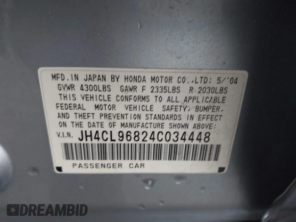 2004 Acura TSX z VIN JH4CL96824C034448, wystawiony jako IAAI lot #42215600 z przebiegiem 138 290 mil mil oraz . Historia ofert i sprzedaży dostępna na DreamBid. Obrazek 9.