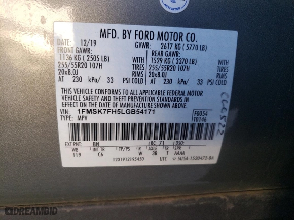 2020 Ford Explorer Limited with VIN 1FMSK7FH5LGB54171, listed as a Copart auction lot 73424144 with 60,801 mi miles and Salvage Title. Bid and sale history available at carsss.com. Image 13.