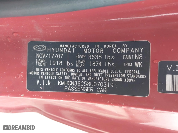 2008 Hyundai Accent SE with VIN KMHCN36C58U070319, listed as a IAAI auction lot 42010544 with 118,487 mi miles. Bid and sale history available at carsss.com. Image 9.