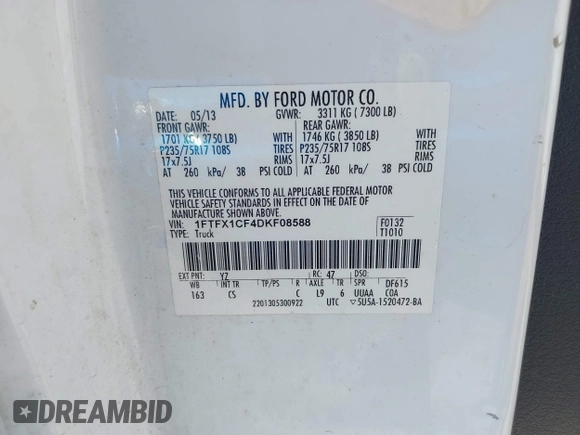 2013 Ford F-150 XL z VIN 1FTFX1CF4DKF08588, wystawiony jako IAAI lot #42830584 z przebiegiem 341 141 mil mil oraz . Historia ofert i sprzedaży dostępna na DreamBid. Obrazek 9.