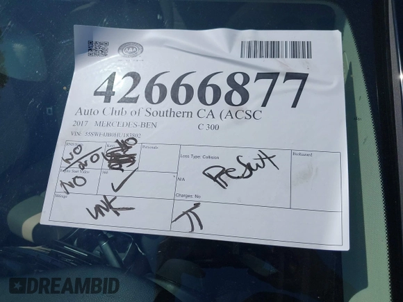 2017 Mercedes-Benz C 300 with VIN 55SWF4JB0HU183802, listed as a IAAI auction lot 42666877 with Not provided miles and . Bid and sale history available at DreamBid. Image 11.