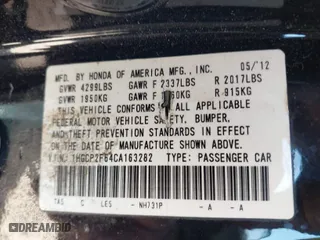 2012 Honda Accord Sdn SE with VIN 1HGCP2F64CA163282, listed as a IAAI auction lot 41777461 with 111,975 mi miles. Bid and sale history available at carsss.com. Image 9.