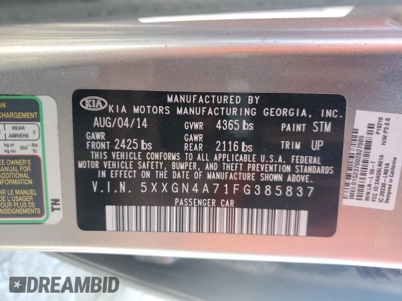 2015 Kia Optima EX с VIN 5XXGN4A71FG385837, выставлен на аукционе Copart как лот 60113905 с пробегом 172 274 миль миль и Списание • Salvage title. История ставок и продаж доступна на DreamBid. Изображение 12.