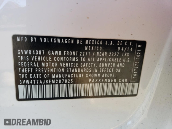 2014 Volkswagen Jetta GLI with VIN 3VW4T7AJ8EM287825, listed as a Copart auction lot 61809114 with 123,305 mi miles and Salvage title. Bid and sale history available at DreamBid. Image 14.