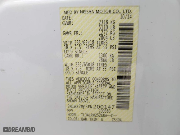 2015 Nissan Murano SL with VIN 5N1AZ2MG3FN200147, listed as a IAAI auction lot 42082639 with 165,407 mi miles. Bid and sale history available at carsss.com. Image 9.