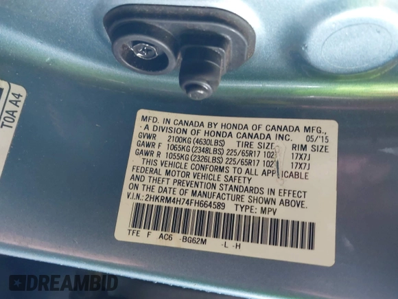 2015 Honda CR-V EX-L with VIN 2HKRM4H74FH664589, listed as a IAAI auction lot 42187907 with 94,096 mi miles. Bid and sale history available at carsss.com. Image 9.