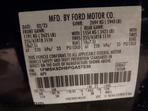 2023 Ford Explorer XLT с VIN 1FMSK8DH6PGA57530, выставлен на аукционе IAAI как лот 42190503 с пробегом 28 186 миль миль и . История ставок и продаж доступна на DreamBid. Изображение 9.