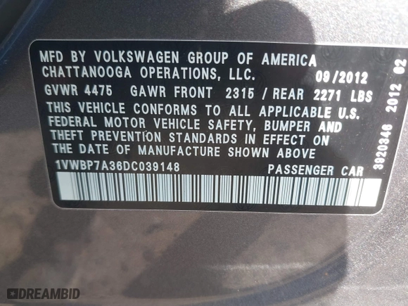 2013 Volkswagen Passat SE with VIN 1VWBP7A36DC039148, listed as a IAAI auction lot 42075823 with 196,734 mi miles. Bid and sale history available at carsss.com. Image 9.