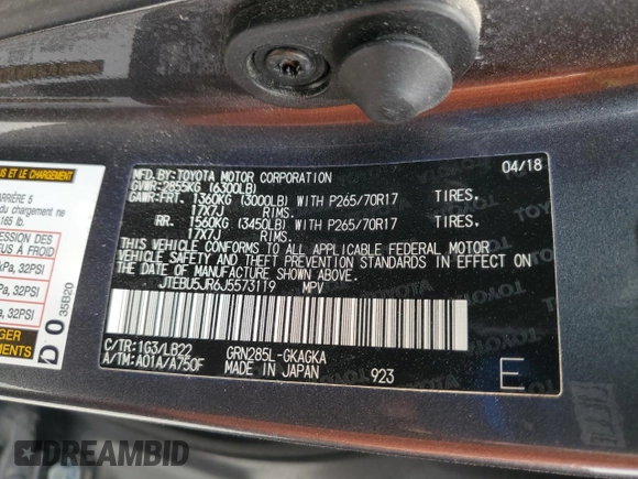 2018 Toyota 4Runner SR5 with VIN JTEBU5JR6J5573119, listed as a Copart auction lot 60320635 with 65,371 mi miles and Salvage title. Bid and sale history available at DreamBid. Image 13.