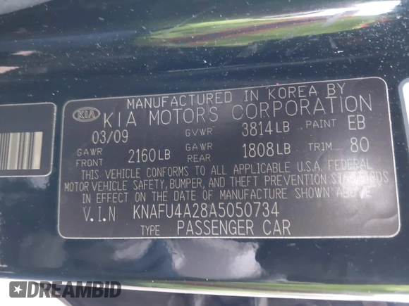 2010 Kia Forte EX with VIN KNAFU4A28A5050734, listed as a IAAI auction lot 42063165 with 179,284 mi miles. Bid and sale history available at carsss.com. Image 9.