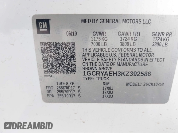 2019 Chevrolet Silverado 1500 Work Truck with VIN 1GCRYAEH3KZ392586, listed as a IAAI auction lot 42116607 with 122,537 mi miles and . Bid and sale history available at DreamBid. Image 9.