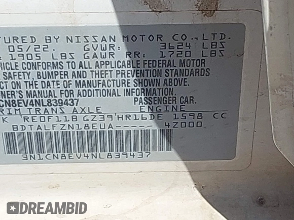 2022 Nissan Versa SV z VIN 3N1CN8EV4NL839437, wystawiony jako IAAI lot #42020629 z przebiegiem 46 138 mil mil oraz . Historia ofert i sprzedaży dostępna na DreamBid. Obrazek 9.
