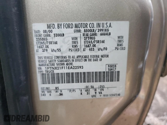 2001 Ford Super Duty F-250 XL with VIN 1FTNX21F11EA22593, listed as a Copart auction lot 43002145 with 213,819 mi miles and Salvage Title. Bid and sale history available at carsss.com. Image 14.