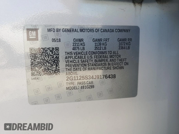 2018 Chevrolet Impala Premier with VIN 2G1125S34J9176438, listed as a Copart auction lot 52972735 with 107,901 mi miles and Salvage Title. Bid and sale history available at DreamBid. Image 12.