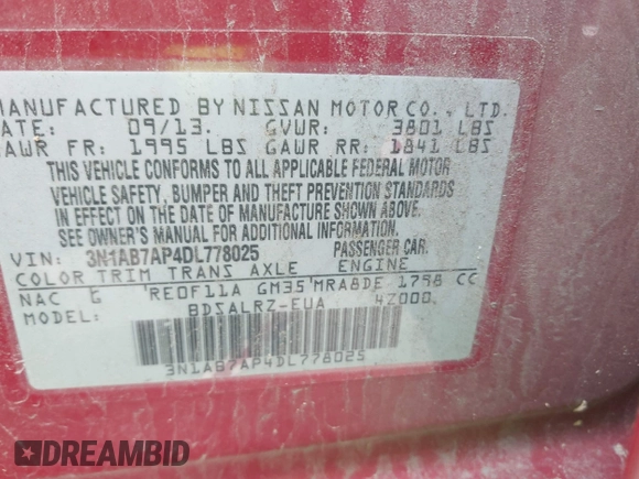 2013 Nissan Sentra SR with VIN 3N1AB7AP4DL778025, listed as a IAAI auction lot 41868702 with 118,166 mi miles and . Bid and sale history available at DreamBid. Image 9.