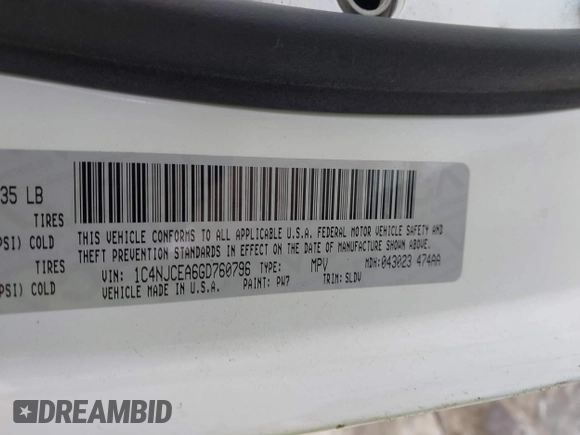 2016 Jeep Compass Latitude with VIN 1C4NJCEA6GD760796, listed as a IAAI auction lot 41559015 with 152,109 mi miles and . Bid and sale history available at DreamBid. Image 9.