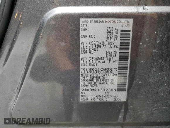 2020 Infiniti QX60 Pure with VIN 5N1DL0MN7LC532388, listed as a Copart auction lot 54425585 with 120,417 mi miles and Salvage Title. Bid and sale history available at DreamBid. Image 14.