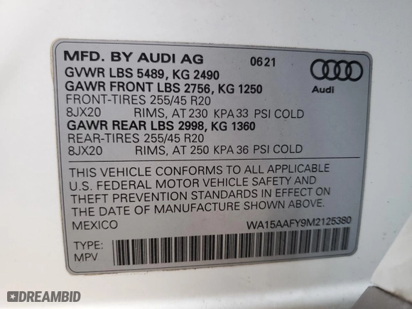 2021 Audi Q5 Sportback Premium Plus with VIN WA15AAFY9M2125380, listed as a Copart auction lot 70553173 with NaN miles. Bid and sale history available at carsss.com. Image 13.