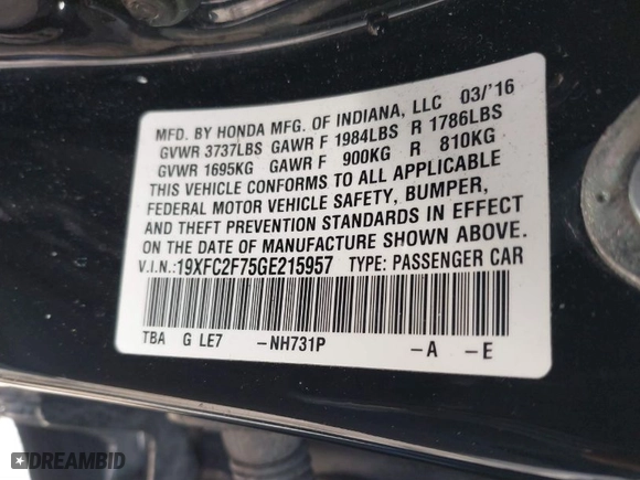 2016 Honda Civic Sedan EX with VIN 19XFC2F75GE215957, listed as a IAAI auction lot 41804027 with 104,229 mi miles. Bid and sale history available at carsss.com. Image 9.