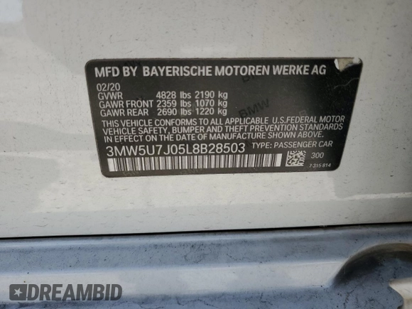 2020 BMW 3 Series M340i with VIN 3MW5U7J05L8B28503, listed as a Copart auction lot 48299654 with 67,705 mi miles and Salvage Title. Bid and sale history available at carsss.com. Image 12.