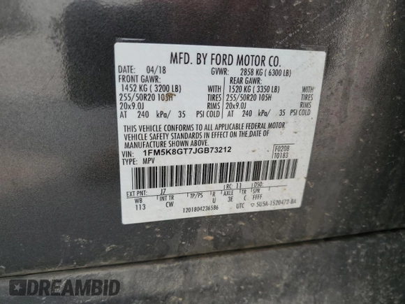 2018 Ford Explorer Sport z VIN 1FM5K8GT7JGB73212, wystawiony jako Copart lot #58817145 z przebiegiem 82 189 mil mil oraz Szkoda całkowita • Salvage title. Historia ofert i sprzedaży dostępna na DreamBid. Obrazek 14.