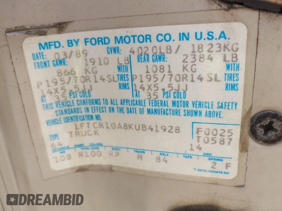 1989 Ford Ranger XLT with VIN 1FTCR10A8KUB41928, listed as a IAAI auction lot 42107348 with 89,548 mi miles. Bid and sale history available at carsss.com. Image 9.