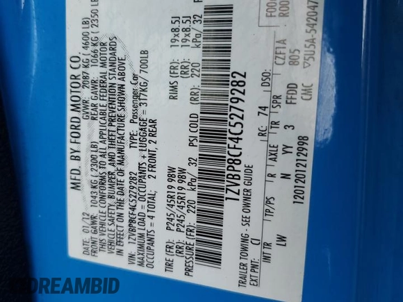 2012 Ford Mustang GT Premium with VIN 1ZVBP8CF4C5279282, listed as a Copart auction lot 49858185 with 66,745 mi miles and Salvage Title. Bid and sale history available at DreamBid. Image 12.