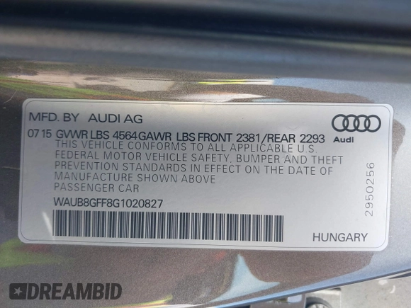 2016 Audi A3 2.0T Premium with VIN WAUB8GFF8G1020827, listed as a IAAI auction lot 41931226 with 111,167 mi miles. Bid and sale history available at carsss.com. Image 9.