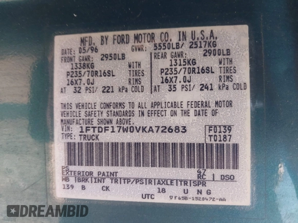 1997 Ford F-150 with VIN 1FTDF17W0VKA72683, listed as a IAAI auction lot 42760251 with 235,962 mi miles and . Bid and sale history available at DreamBid. Image 9.