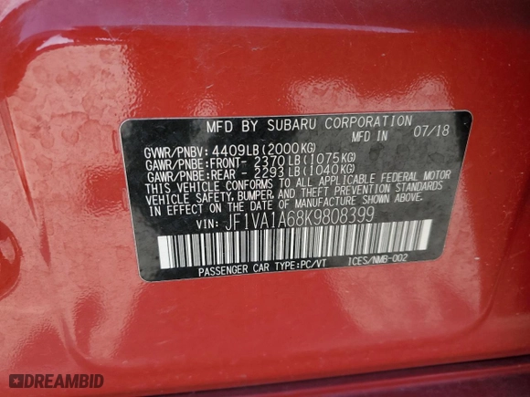 2019 Subaru WRX with VIN JF1VA1A68K9808399, listed as a Copart auction lot 46522075 with 88,420 mi miles and Salvage Title. Bid and sale history available at carsss.com. Image 14.
