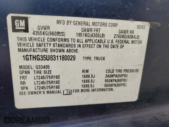 2003 GMC Savana Cargo z VIN 1GTHG35U831180029, wystawiony jako Copart lot #64697054 z przebiegiem Nie podano mil oraz Nie do naprawy • Non repairable. Historia ofert i sprzedaży dostępna na DreamBid. Obrazek 14.