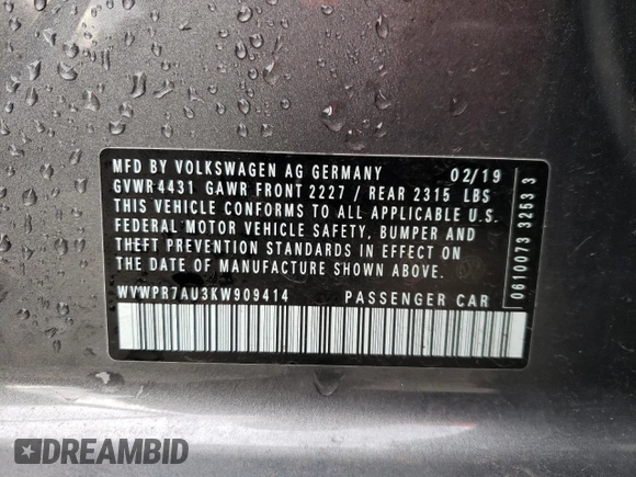 2019 Volkswagen Golf SEL Premium z VIN WVWPR7AU3KW909414, wystawiony jako Copart lot #40649474 z przebiegiem 30 241 mil mil oraz . Historia ofert i sprzedaży dostępna na DreamBid. Obrazek 13.