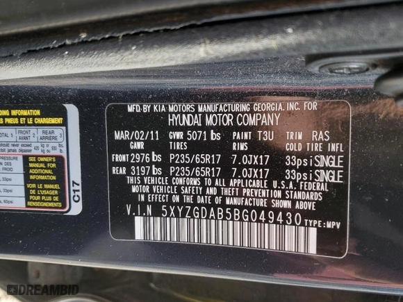 2011 Hyundai Santa Fe GLS with VIN 5XYZGDAB5BG049430, listed as a Copart auction lot 44577825 with 243,127 mi miles and Clean Title. Bid and sale history available at carsss.com. Image 13.