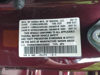 2019 Honda CR-V EX with VIN 7FARW2H56KE053022, listed as a IAAI auction lot 41848570 with 128,676 mi miles. Bid and sale history available at carsss.com. Image 9.