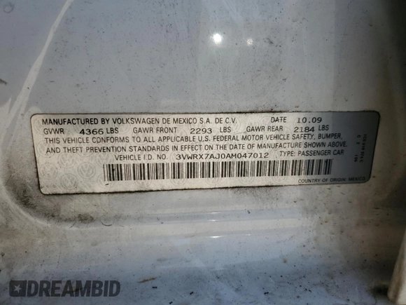 2010 Volkswagen Jetta SEL with VIN 3VWRX7AJ0AM047012, listed as a Copart auction lot 59076515 with 189,464 mi miles and Salvage title. Bid and sale history available at DreamBid. Image 12.