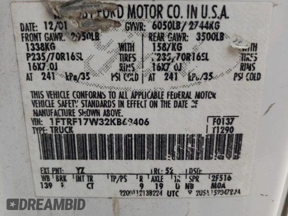 2002 Ford F-150 XL with VIN 1FTRF17W32KB68406, listed as a Copart auction lot 86059454 with 322,076 mi miles and Salvage Title. Bid and sale history available at carsss.com. Image 14.