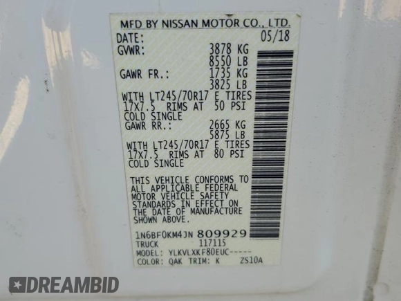 2018 Nissan NV Cargo S z VIN 1N6BF0KM4JN809929, wystawiony jako Copart lot #70578344 z przebiegiem 141 309 mil mil oraz Szkoda całkowita • Salvage title. Historia ofert i sprzedaży dostępna na DreamBid. Obrazek 15.