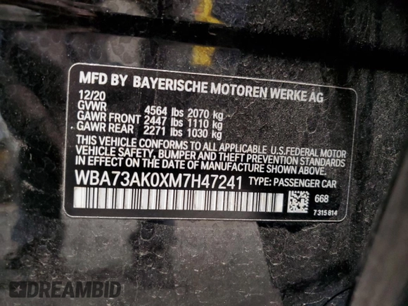 2021 BMW 2 Series 228i xDrive с VIN WBA73AK0XM7H47241, выставлен на аукционе Copart как лот 77201734 с пробегом 67 729 миль миль и На запчасти • Non repairable. История ставок и продаж доступна на DreamBid. Изображение 12.
