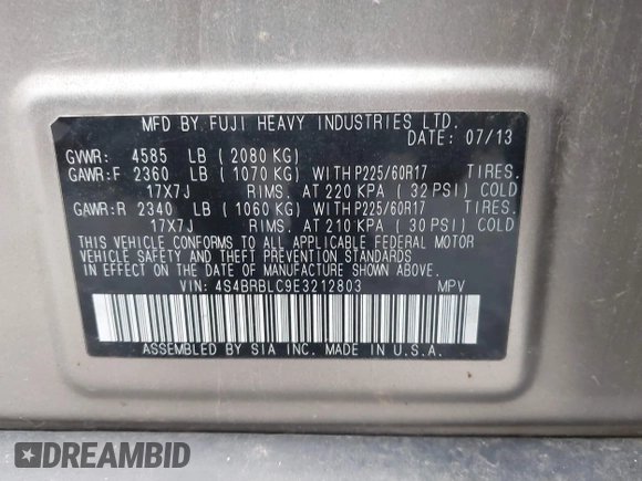 2014 Subaru Outback Limited with VIN 4S4BRBLC9E3212803, listed as a IAAI auction lot 40768635 with 173,447 mi miles and . Bid and sale history available at DreamBid. Image 9.