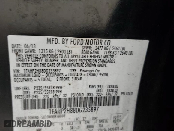 2013 Ford Taurus SEL with VIN 1FAHP2H88DG235897, listed as a Copart auction lot 47443355 with 222,920 mi miles and Salvage Title. Bid and sale history available at DreamBid. Image 12.