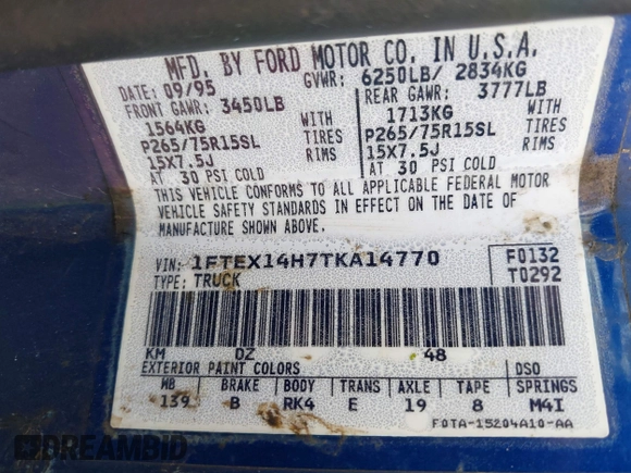 1996 Ford F-150 with VIN 1FTEX14H7TKA14770, listed as a IAAI auction lot 42673904 with 172,553 mi miles and . Bid and sale history available at DreamBid. Image 9.