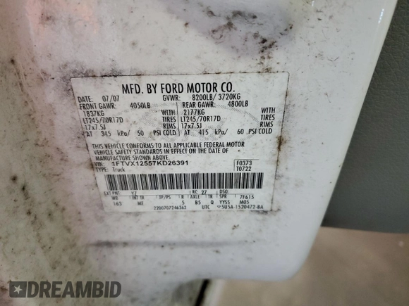 2007 Ford F-150 XL with VIN 1FTVX12557KD26391, listed as a Copart auction lot 87672295 with 225,711 mi miles and Clean title. Bid and sale history available at DreamBid. Image 12.