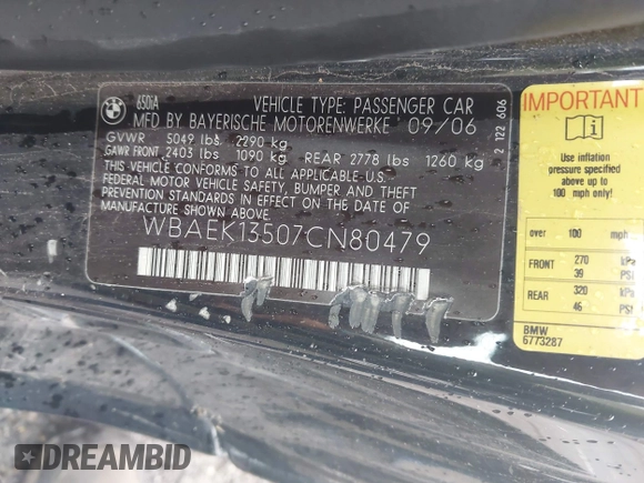 2007 BMW 6 Series 650i with VIN WBAEK13507CN80479, listed as a IAAI auction lot 42149721 with 140,967 mi miles. Bid and sale history available at carsss.com. Image 9.